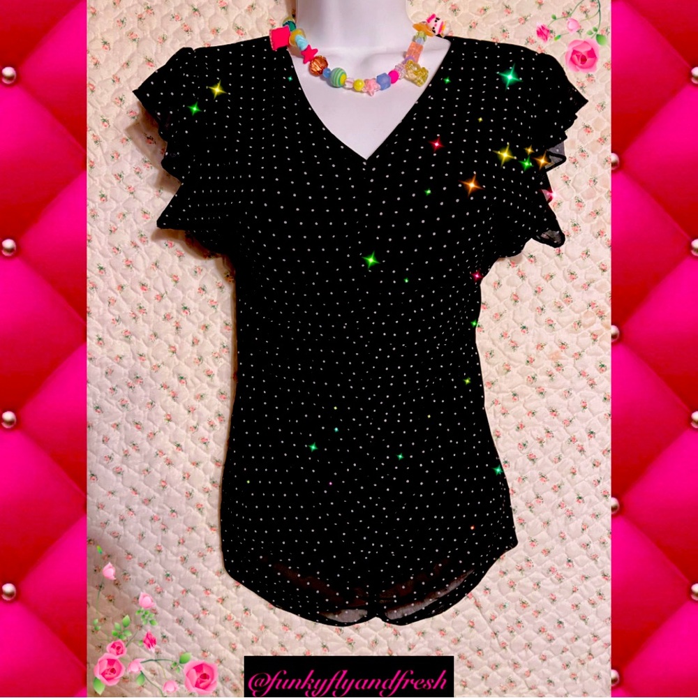 By Design size small black and white polka dot ruffle sleeve ruched blouse.